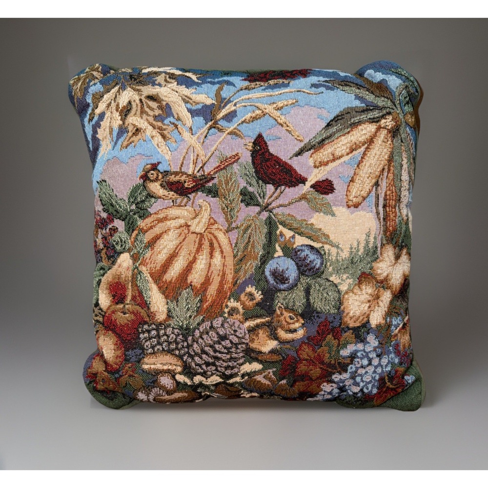 Vtg 90s Tapestry‎ Fall Harvest Square Green Pillow,Fruit,Birds,Pumpkin Autumn